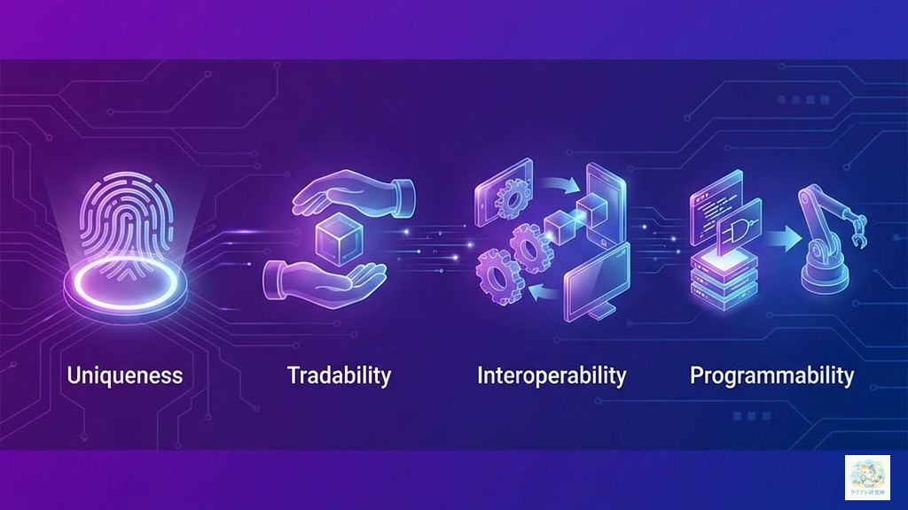 NFTの4つの主な特徴を表すイラスト
