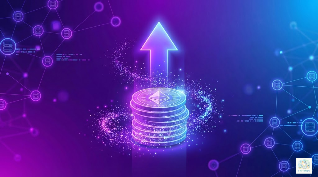 仮想通貨ステーキングのコンセプトイメージ。中央に光り輝くコイン（ETH、SOL等のシンボル）がスタック（積み上げ）されており、コインの周りにキラキラした報酬の粒子が発生している。背景にブロックチェーンのノードネットワーク。コインから上向きの矢印で利回り（%マーク）が上昇するイメージ。 ### スタイル指定 - テイスト: Modern tech aesthetic - 品質: high-quality digital art - カラー: vibrant purple and blue gradients - トーン: professional and clean - サイズ: 1600x900px - テキスト: no text