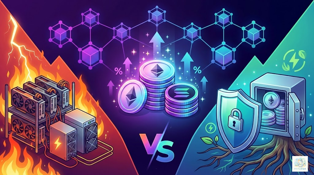 PoWとPoSの比較イラスト