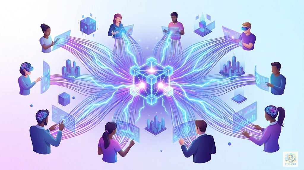 Web3.0の概要を表すイメージ。分散型ネットワークの中心にブロックチェーンのブロックが配置され、世界中のユーザーが直接つながっている様子。中央管理者のいない自由なインターネット空間を表現。 ### スタイル指定 - テイスト: Modern tech aesthetic with futuristic elements - 品質: high-quality digital art - カラー: vibrant purple and blue gradients with electric cyan accents - トーン: professional, innovative, and cutting-edge - サイズ: 1600x900px - テキスト: no text
