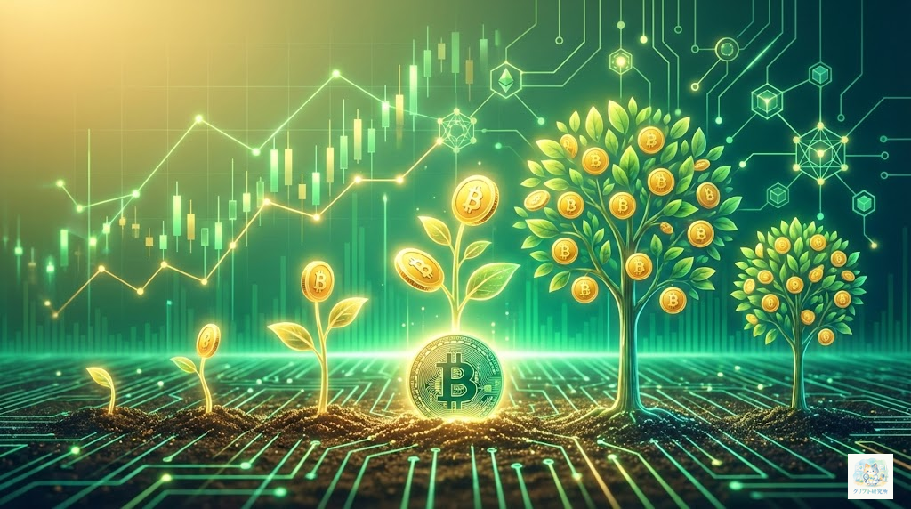 イールドファーミングのコンセプトイメージ。畑のイメージとDeFiを融合。中央に光り輝く暗号通貨コインの種が植えられた畑。種から金色のコインの芽が成長して実をつけている。背景にDeFiのネットワークグラフとブロックチェーンのノード。 ### スタイル指定 - テイスト: Modern tech aesthetic - 品質: high-quality digital art - カラー: vibrant green and gold gradients - トーン: professional and clean - サイズ: 1600x900px - テキスト: no text