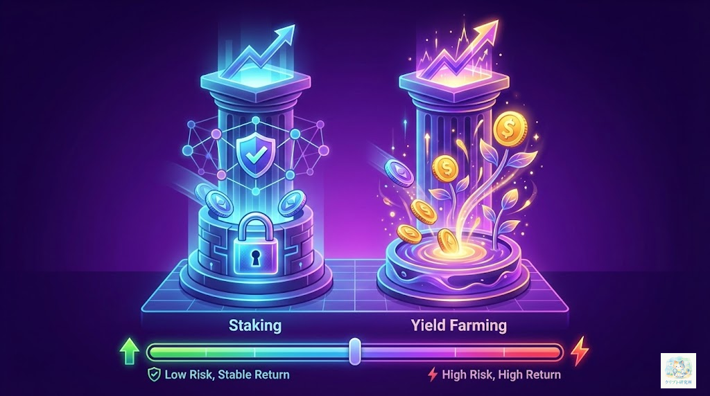 ステーキングとイールドファーミングの比較イラスト